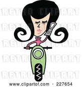Vector Clip Art of Retro Lady Talking on a Cell Phone and Riding Forward on a Green Scooter by Andy Nortnik