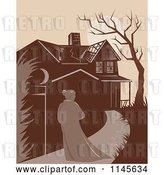 Vector Clip Art of Retro Lady Walking Towards a Dilapidated Mansion by Patrimonio