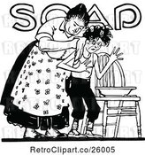 Vector Clip Art of Retro Lady Washing Her Son over Soap Text by Prawny Vintage