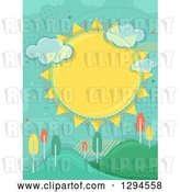 Vector Clip Art of Retro Large Sun with Clouds and Halftone over Hills with Colorful Autumn Trees by BNP Design Studio