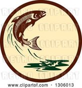 Vector Clip Art of Retro Leaping Atlantic Salmon Fish and Green Water Splash in a Brown and Tan Circle by Patrimonio