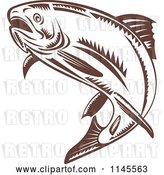 Vector Clip Art of Retro Leaping Brown Woodcut Trout by Patrimonio