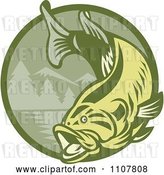 Vector Clip Art of Retro Leaping Largemouth Bass Fish over a Green Mountainous Circle by Patrimonio