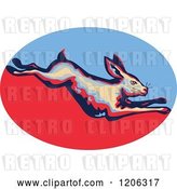 Vector Clip Art of Retro Leaping Rabbit over a Blue and Red Oval by Patrimonio