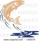 Vector Clip Art of Retro Leaping Salmon Fish and Blue Water Splash by Patrimonio