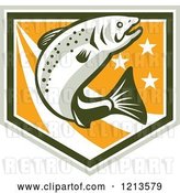 Vector Clip Art of Retro Leaping Trout Fish over a Shield with Stars and Stripes on Orange by Patrimonio