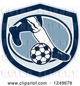 Vector Clip Art of Retro Legs of a Soccer Player Kicking in a Blue Shield by Patrimonio