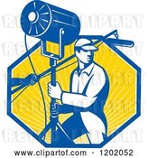 Vector Clip Art of Retro Lighting Worker with a Fresnel Sound Boom in a Ray Octagon by Patrimonio
