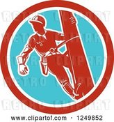 Vector Clip Art of Retro Lineman Worker in a Blue and Red Circle by Patrimonio
