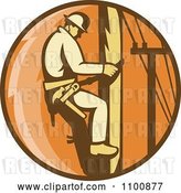 Vector Clip Art of Retro Linesman Scaling a Pole in an Orange Circle by Patrimonio