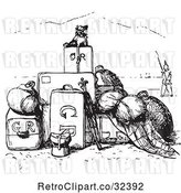 Vector Clip Art of Retro Little Dog with a Pile of Luggage in by Picsburg