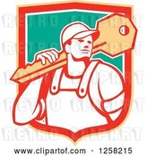 Vector Clip Art of Retro Locksmith Guy Carrying a Giant Key in a Yellow Red White and Green Shield by Patrimonio
