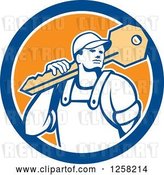 Vector Clip Art of Retro Locksmith Guy Carrying a Giant Key on a Blue White and Orange Circle by Patrimonio