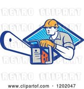 Vector Clip Art of Retro Logger Using a Chain Saw Emerging from a Diamond of Blue Rays by Patrimonio