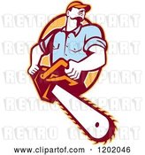 Vector Clip Art of Retro Logger Using a Chain Saw, Emerging from an Orange Oval by Patrimonio