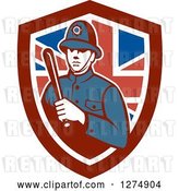 Vector Clip Art of Retro London Bobby Police Officer Holding a Baton in a British Flag Shield by Patrimonio