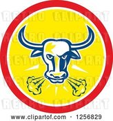Vector Clip Art of Retro Longhorn Steer Bull Snorting in a Red and Yellow Circle by Patrimonio