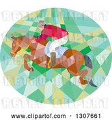 Vector Clip Art of Retro Low Poly Geometric Equestrian Show Jumping a Horse in an Oval by Patrimonio