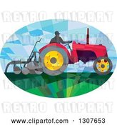 Vector Clip Art of Retro Low Poly Geometric Farmer Operating a Plow Tractor in an Oval by Patrimonio