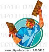 Vector Clip Art of Retro Low Poly Geometric Male Plasterer Working with Trowels and Emerging from a Circle by Patrimonio