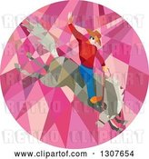 Vector Clip Art of Retro Low Poly Geometric Male Rodeo Cowboy on a Bucking Horse in a Pink Circle by Patrimonio