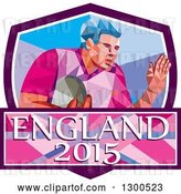 Vector Clip Art of Retro Low Poly Geometric Rugby Player in a Purple White and Blue Shield with England 2015 Text by Patrimonio
