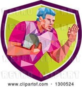 Vector Clip Art of Retro Low Poly Geometric Rugby Player in a Purple White and Green Shield by Patrimonio