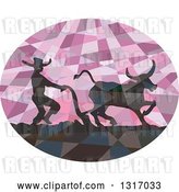 Vector Clip Art of Retro Low Poly Geometric Silhouetted Southeast Asian Farmer and Water Buffalo Plowing a Field in a Purple Oval by Patrimonio