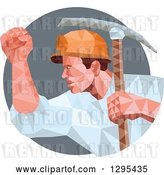 Vector Clip Art of Retro Low Poly Male Coal Miner with a Pickaxe and Fist in a Gray Circle by Patrimonio