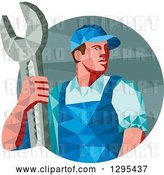 Vector Clip Art of Retro Low Poly Male Mechanic Holding a Spanner Wrench in a Circle by Patrimonio