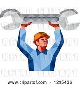 Vector Clip Art of Retro Low Poly Male Mechanic Holding up a Spanner Wrench by Patrimonio