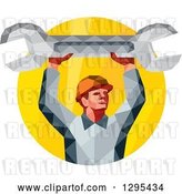 Vector Clip Art of Retro Low Poly Male Mechanic Holding up a Spanner Wrench in a Yellow Circle by Patrimonio