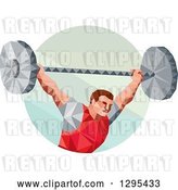Vector Clip Art of Retro Low Poly White Male Bodybuilder Squatting with a Barbell in a Circle by Patrimonio