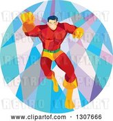Vector Clip Art of Retro Low Poly White Male Super Hero Running Forward and Punching in a Circle by Patrimonio