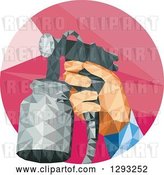 Vector Clip Art of Retro Low Polygon Geometric Hand Holding a Spray Paint Gun in a Red Circle by Patrimonio