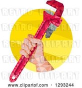 Vector Clip Art of Retro Low Polygon Geometric Plumbers Hand Holding a Monkey Wrench in a Yellow Circle by Patrimonio
