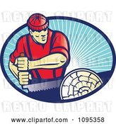 Vector Clip Art of Retro Lumberjack Guy Sawing a Log over Blue Rays by Patrimonio