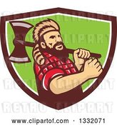 Vector Clip Art of Retro Lumberjack in Plaid and a Raccoon Hat, Holding an Axe over His Shoulder in a Brown White and Green Shield by Patrimonio