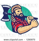 Vector Clip Art of Retro Lumberjack in Plaid and a Raccoon Hat, Holding an Axe over His Shoulder in a Circle of Rays by Patrimonio