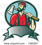 Vector Clip Art of Retro Lumberjack Logger Carrying an Axe over His Shoulder over a Banner and Blue Circle by Patrimonio
