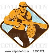 Vector Clip Art of Retro Lumberjack Logger Guy Using a Crosscut Saw in a Yellow Brown White and Blue Sunny Diamond by Patrimonio