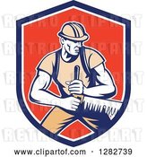 Vector Clip Art of Retro Lumberjack Logger Worker Guy Using a Crosscut Saw in a Blue White and Red Shield by Patrimonio