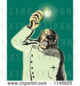 Vector Clip Art of Retro Mad Scientist Holding up a Shining Test Tube by Patrimonio