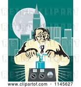 Vector Clip Art of Retro Mad Scientist Pouring Chemicals near a City by Patrimonio