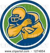 Vector Clip Art of Retro Male American Football Player Fending in a Blue White and Green Circle by Patrimonio