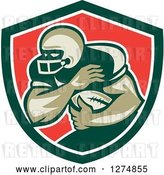 Vector Clip Art of Retro Male American Football Player Fending in a Green White and Red Shield by Patrimonio