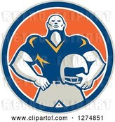 Vector Clip Art of Retro Male American Football Player Holding His Helmet in a Taupe Blue White and Orange Circle by Patrimonio