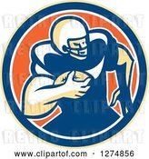 Vector Clip Art of Retro Male American Football Player Rushing in a Yellow Blue White and Orange Circle by Patrimonio