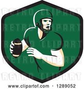 Vector Clip Art of Retro Male American Football Player Throwing in a Black and Green Shield by Patrimonio