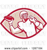 Vector Clip Art of Retro Male American Football Player Throwing in a Red White and Tan Oval by Patrimonio